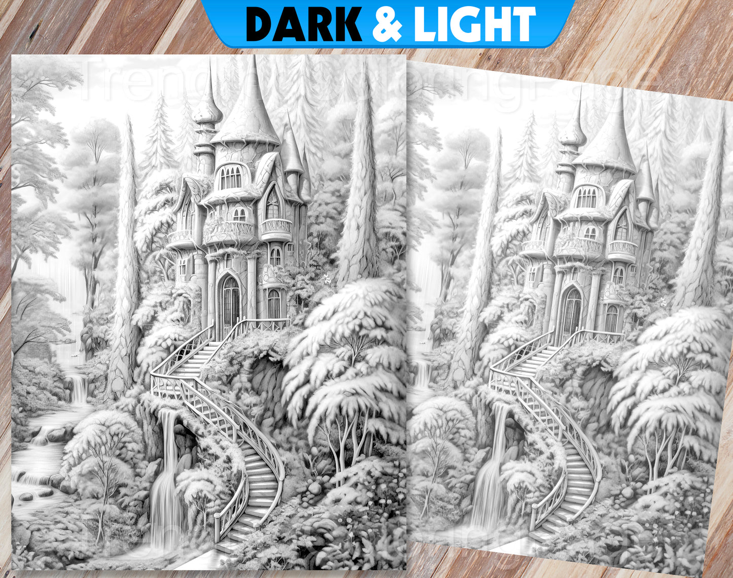 50 Winter Fairy Houses Grayscale Coloring Pages - Instant Download - Printable PDF Dark/Light – preview 13