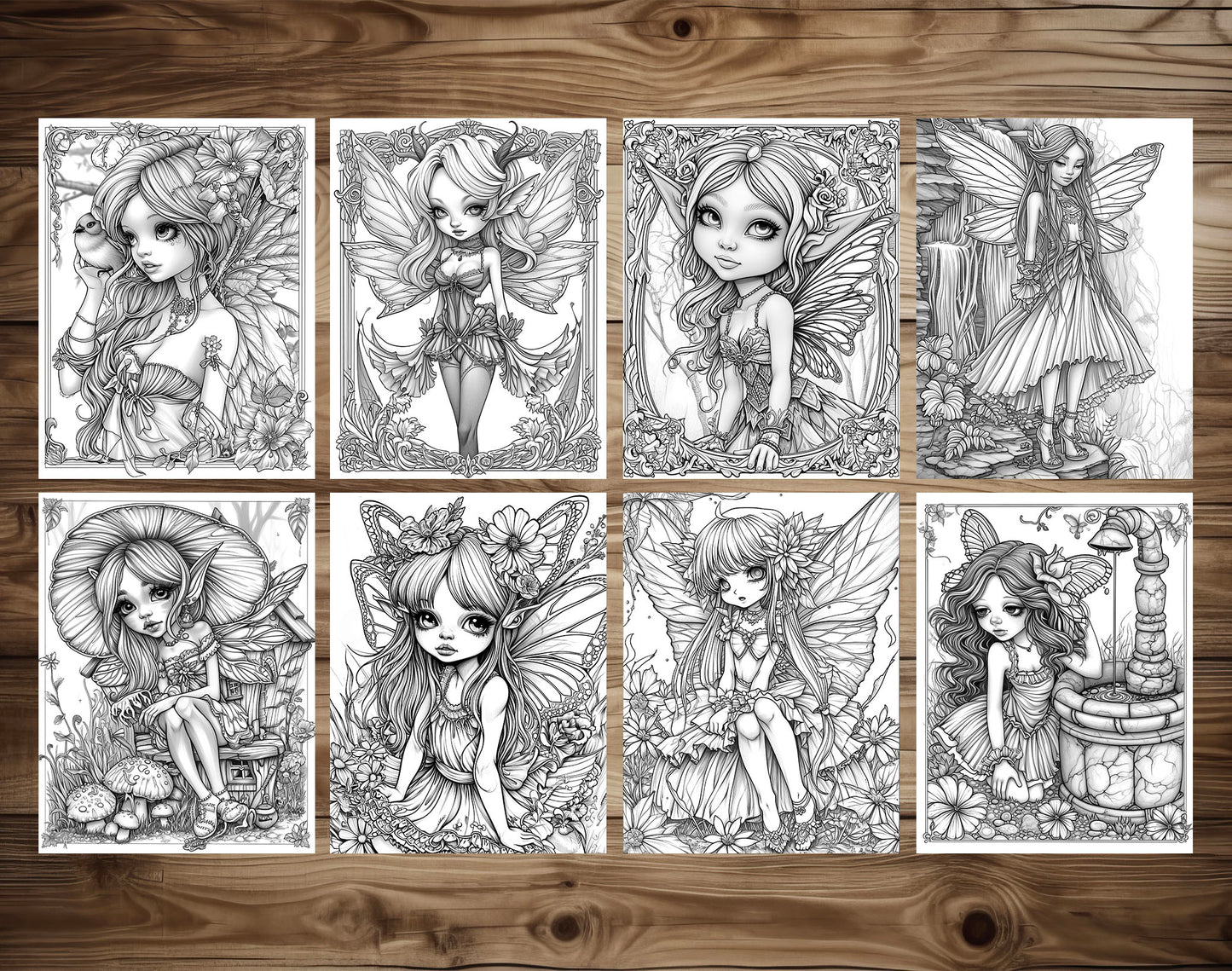 50 Fantasy Fairy Girl Grayscale Coloring Pages - Instant Download - Printable PDF Dark/Light
