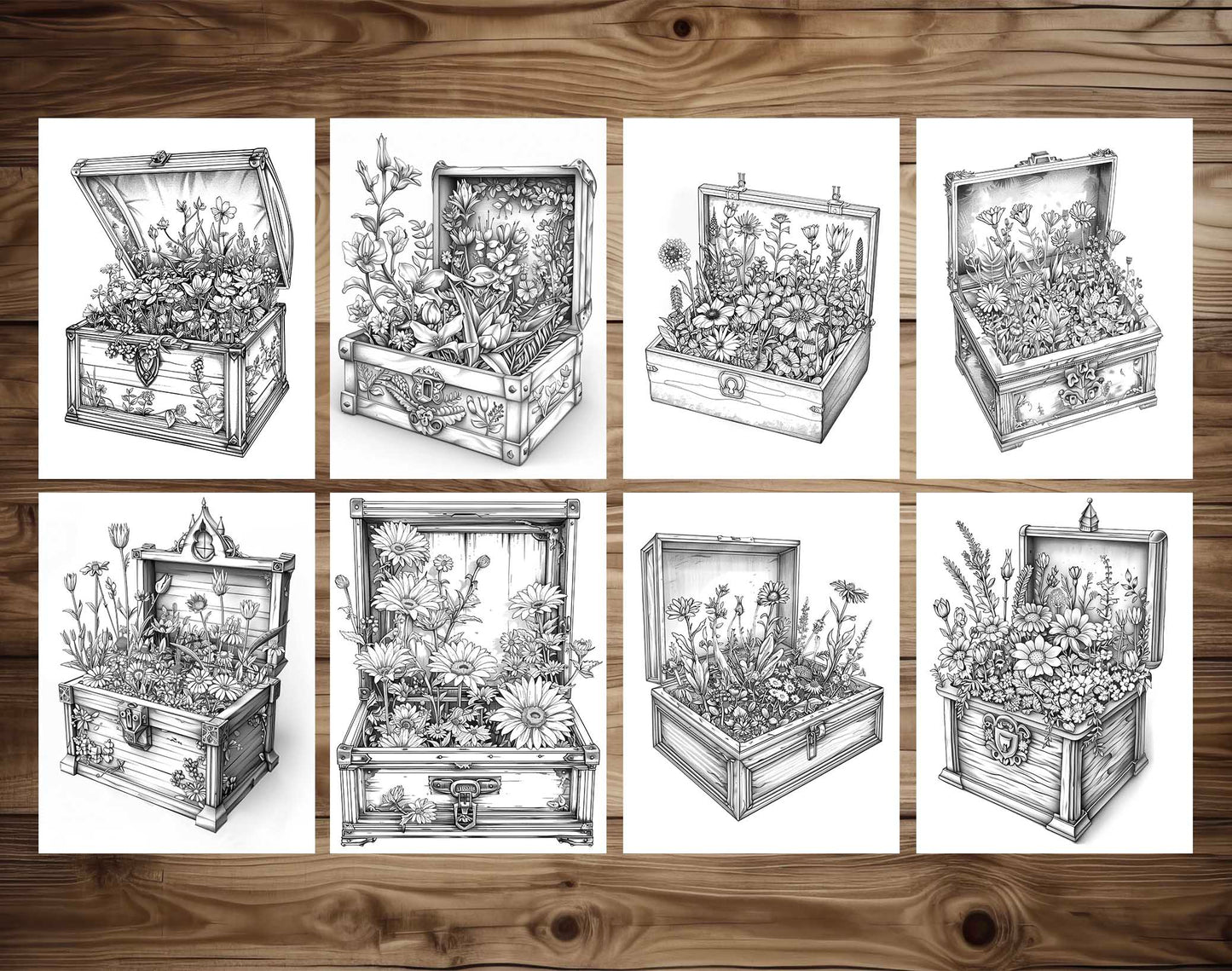 50 Flower Chest Box Grayscale Coloring Pages - Instant Download - Printable PDF Dark/Light