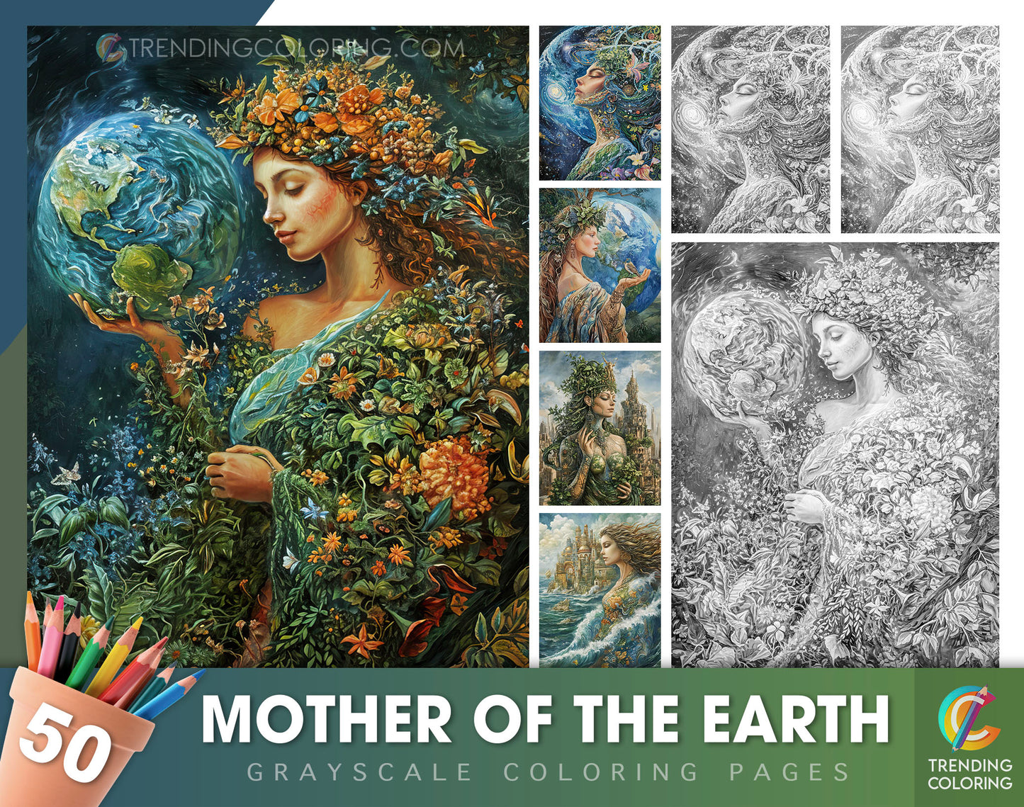 50 Mother Of The Earth Grayscale Coloring Pages - Instant Download - Printable Dark/Light