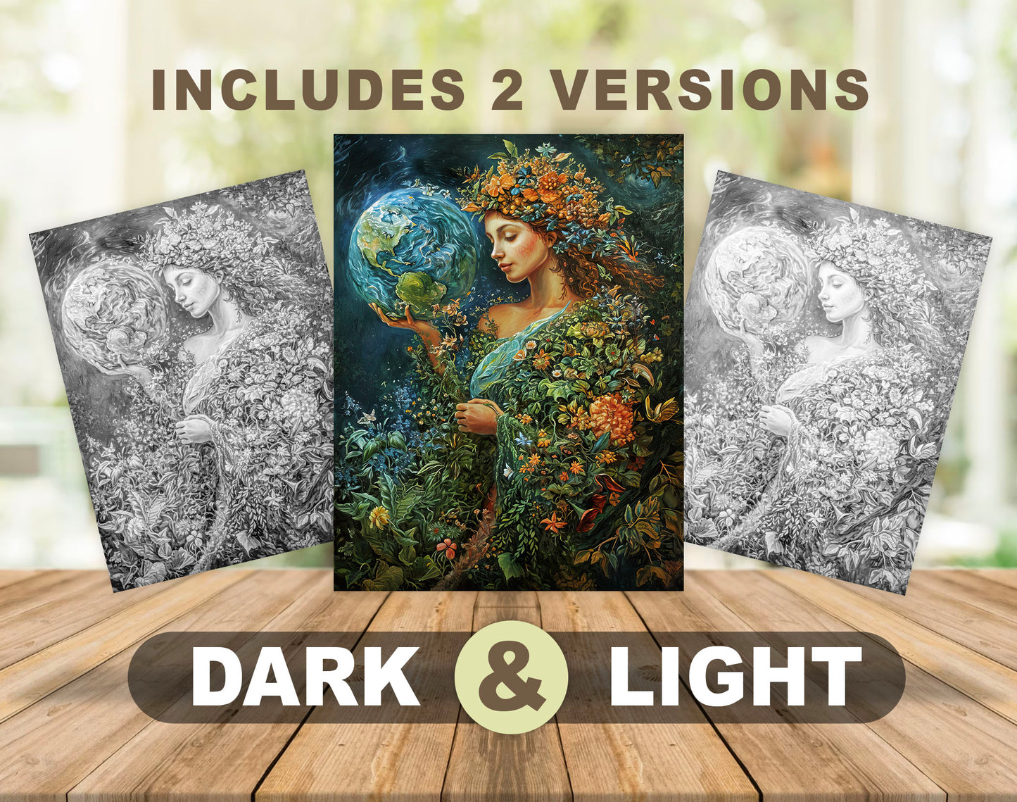 50 Mother Of The Earth Grayscale Coloring Pages - Instant Download - Printable PDF Dark/Light