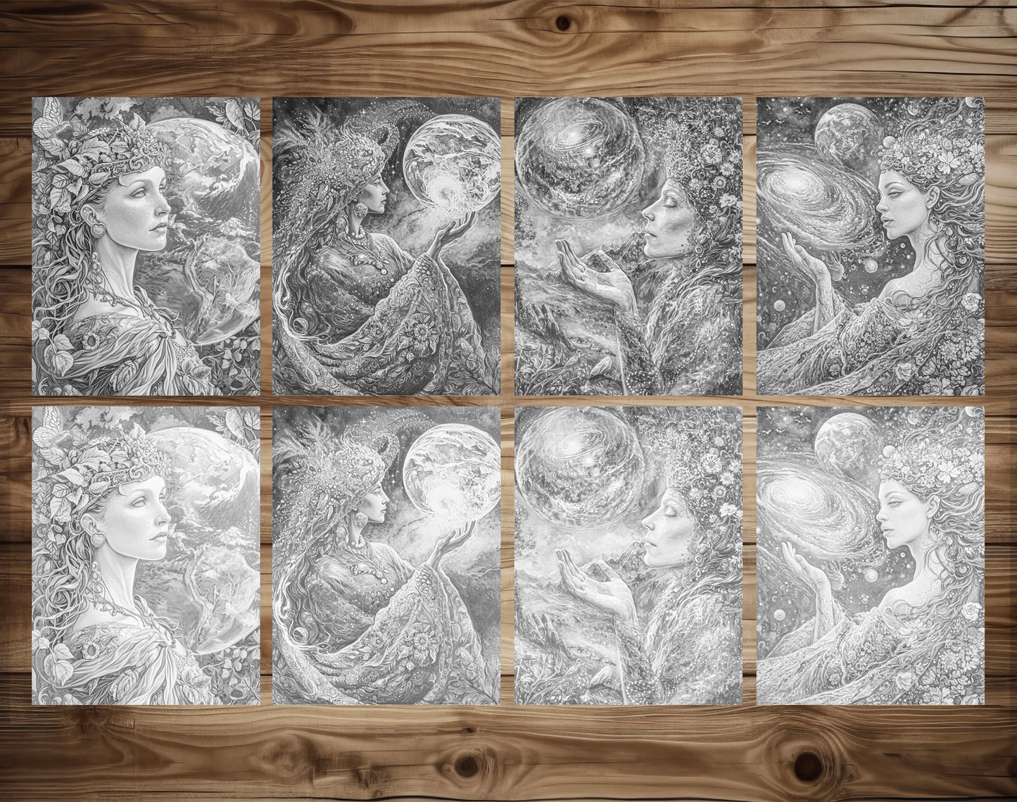 50 Mother Of The Earth Grayscale Coloring Pages - Instant Download - Printable PDF Dark/Light