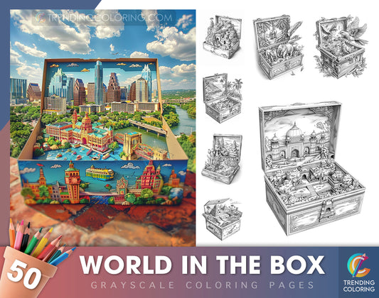 50 World In The Box Grayscale Coloring Pages - Instant Download - Printable PDF Dark/Light