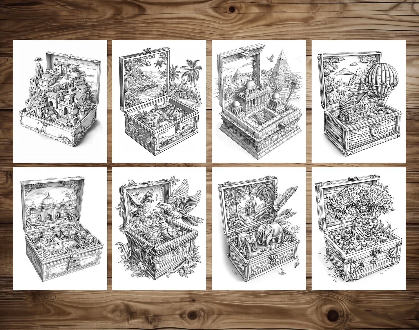50 World In The Box Grayscale Coloring Pages - Instant Download - Printable PDF Dark/Light