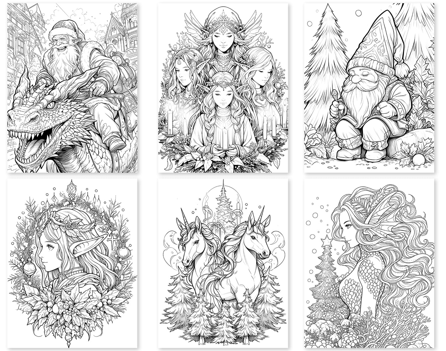 55 Fantasy Christmas Coloring Pages - Instant Download - Printable PDF
