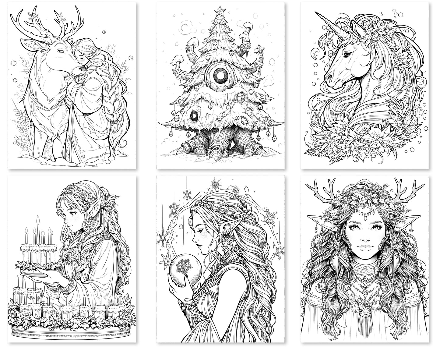 55 Fantasy Christmas Coloring Pages - Instant Download - Printable