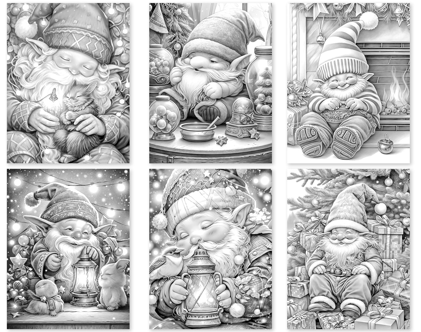 60 Winter Gnomes Grayscale Coloring Pages - Instant Download - Printable PDF Dark/Light