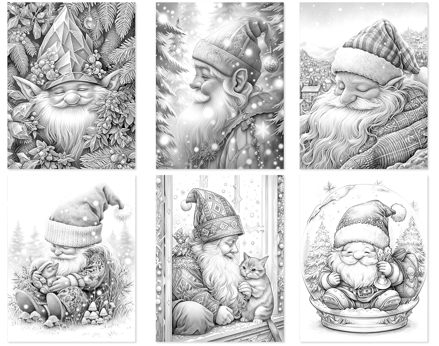 60 Winter Gnomes Grayscale Coloring Pages - Instant Download - Printable PDF Dark/Light