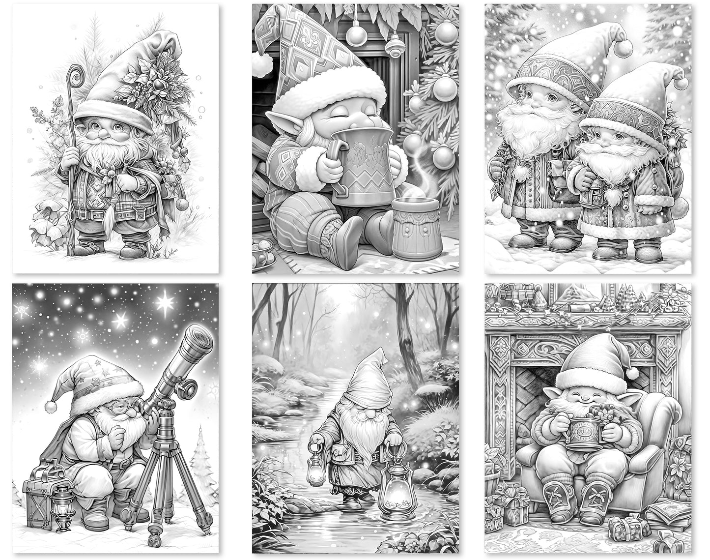 60 Winter Gnomes Grayscale Coloring Pages - Instant Download - Printable PDF Dark/Light