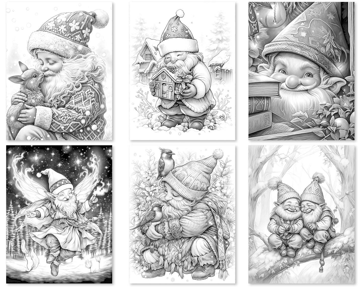60 Winter Gnomes Grayscale Coloring Pages - Instant Download - Printable PDF Dark/Light