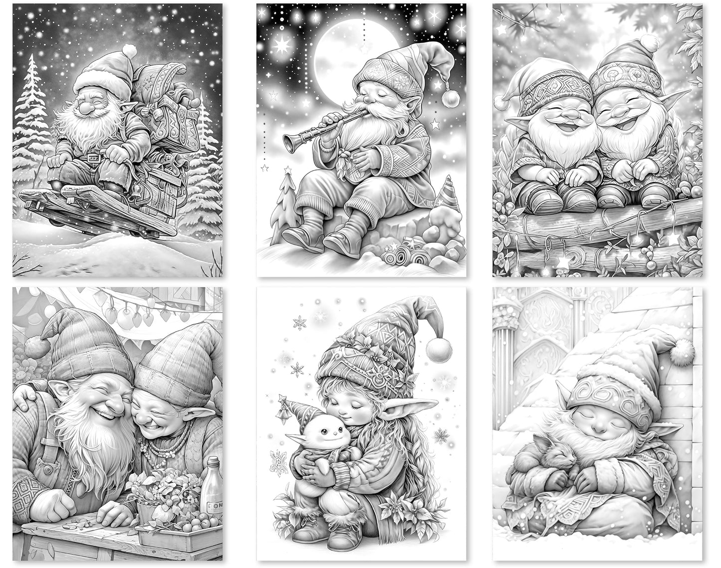 60 Winter Gnomes Grayscale Coloring Pages - Instant Download - Printable PDF Dark/Light