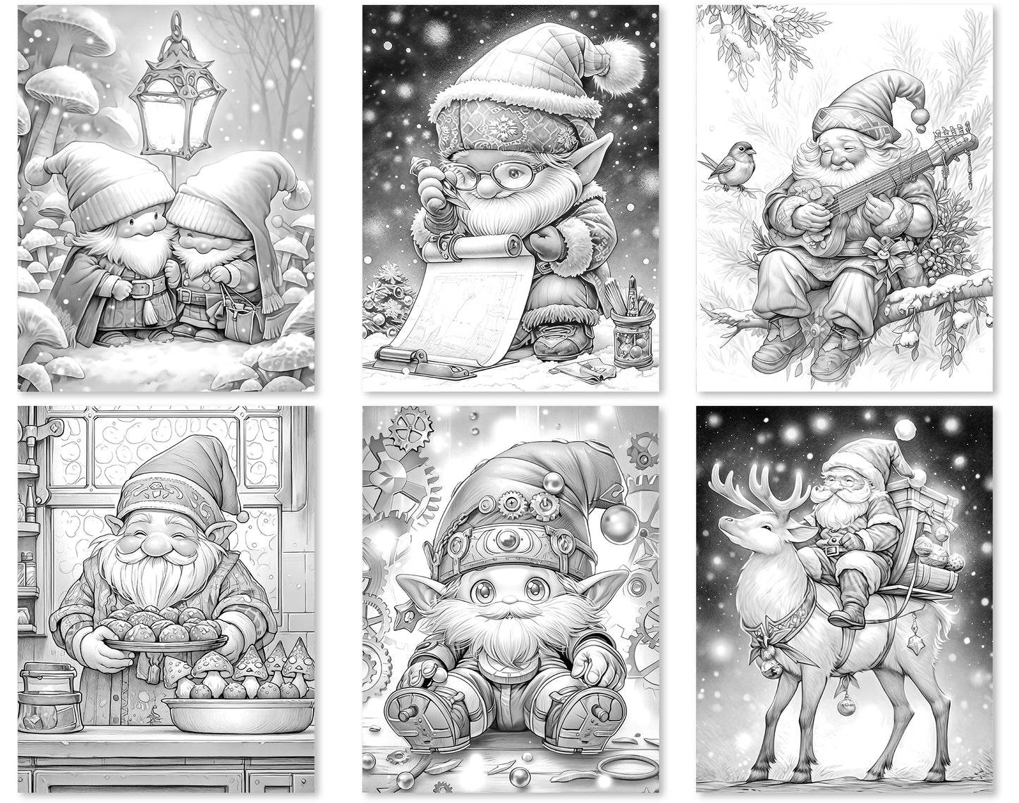 60 Winter Gnomes Grayscale Coloring Pages - Instant Download - Printable PDF Dark/Light