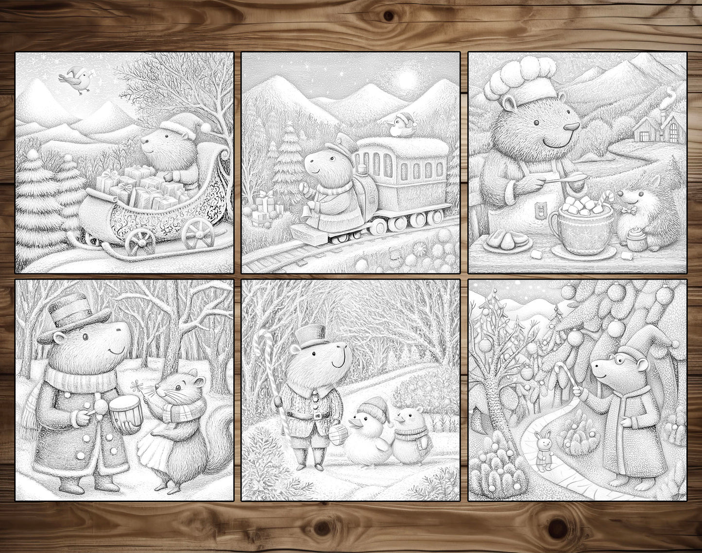 50 Capybara’s Merry Moments Grayscale Coloring Pages
