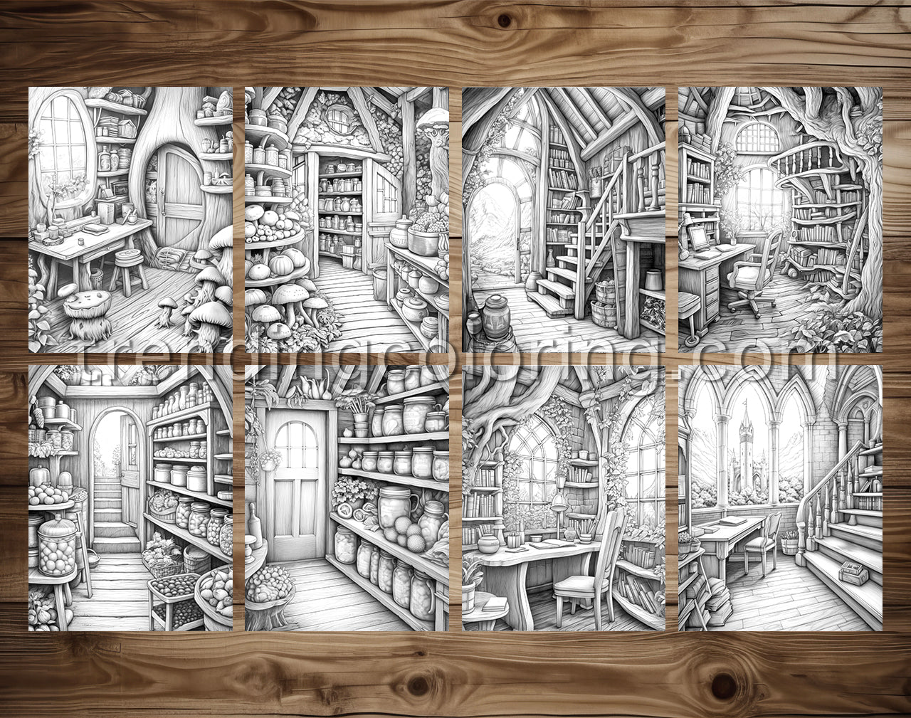 70 Fantasy Interiors Grayscale Coloring Pages - Instant Download - Printable