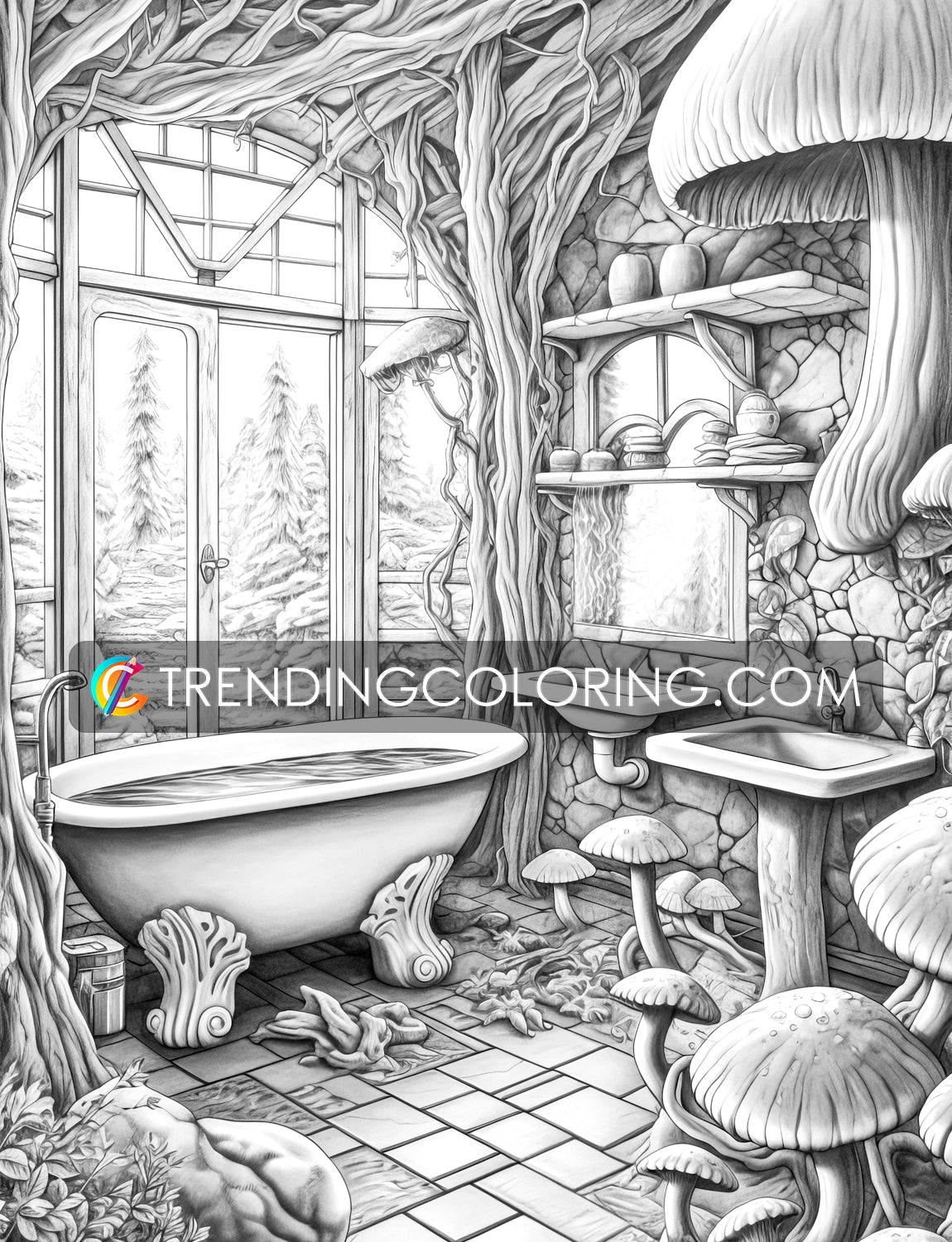 70 Fantasy Interiors Grayscale Coloring Pages - Instant Download - Printable