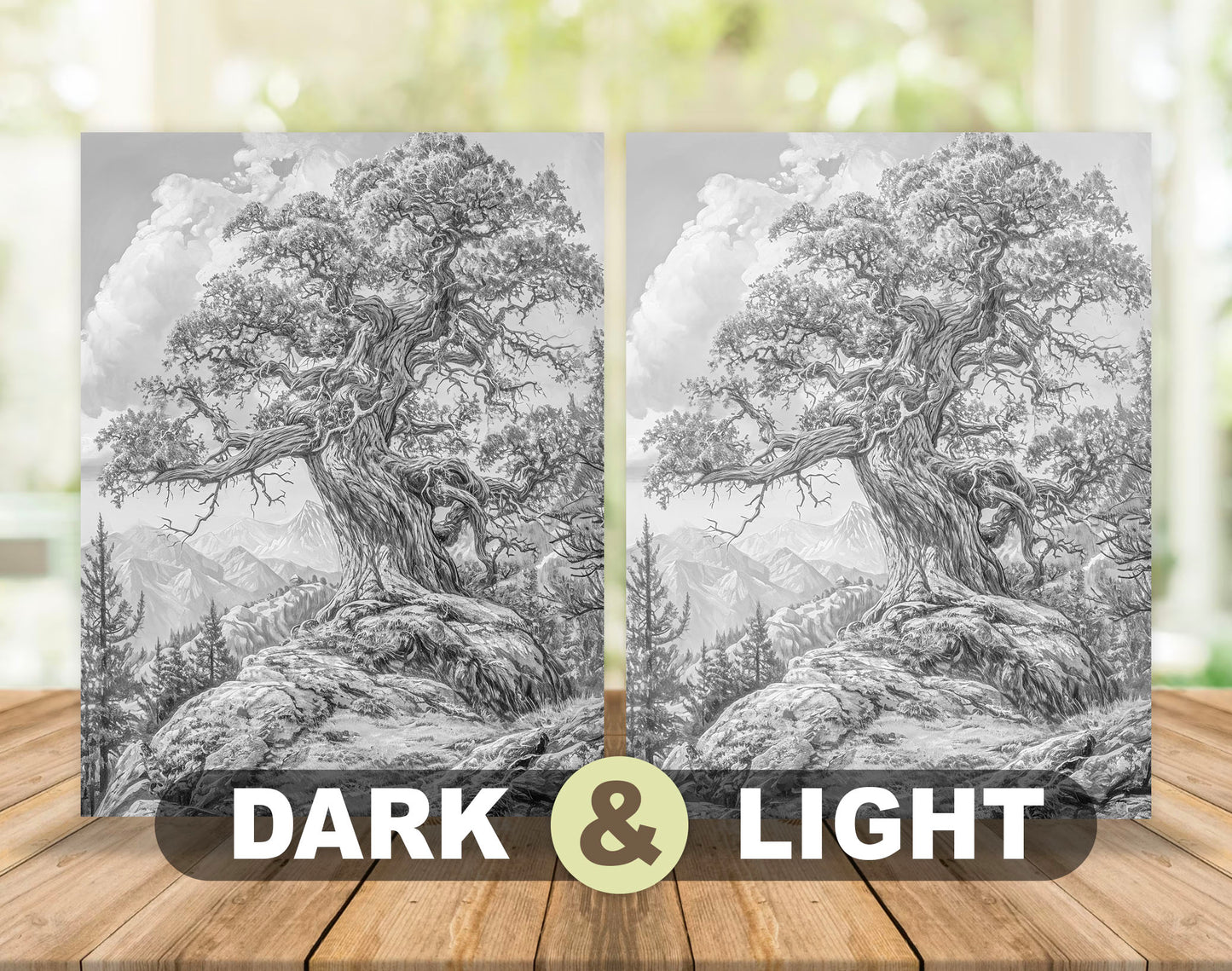70 Trees Around The World Grayscale Coloring Pages - Instant Download - Printable PDF Dark/Light