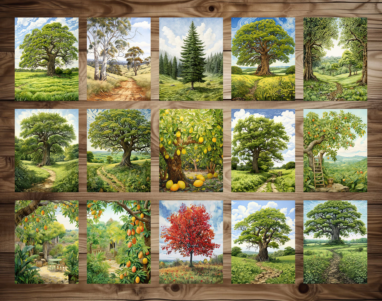 70 Trees Around The World Grayscale Coloring Pages - Instant Download - Printable PDF Dark/Light