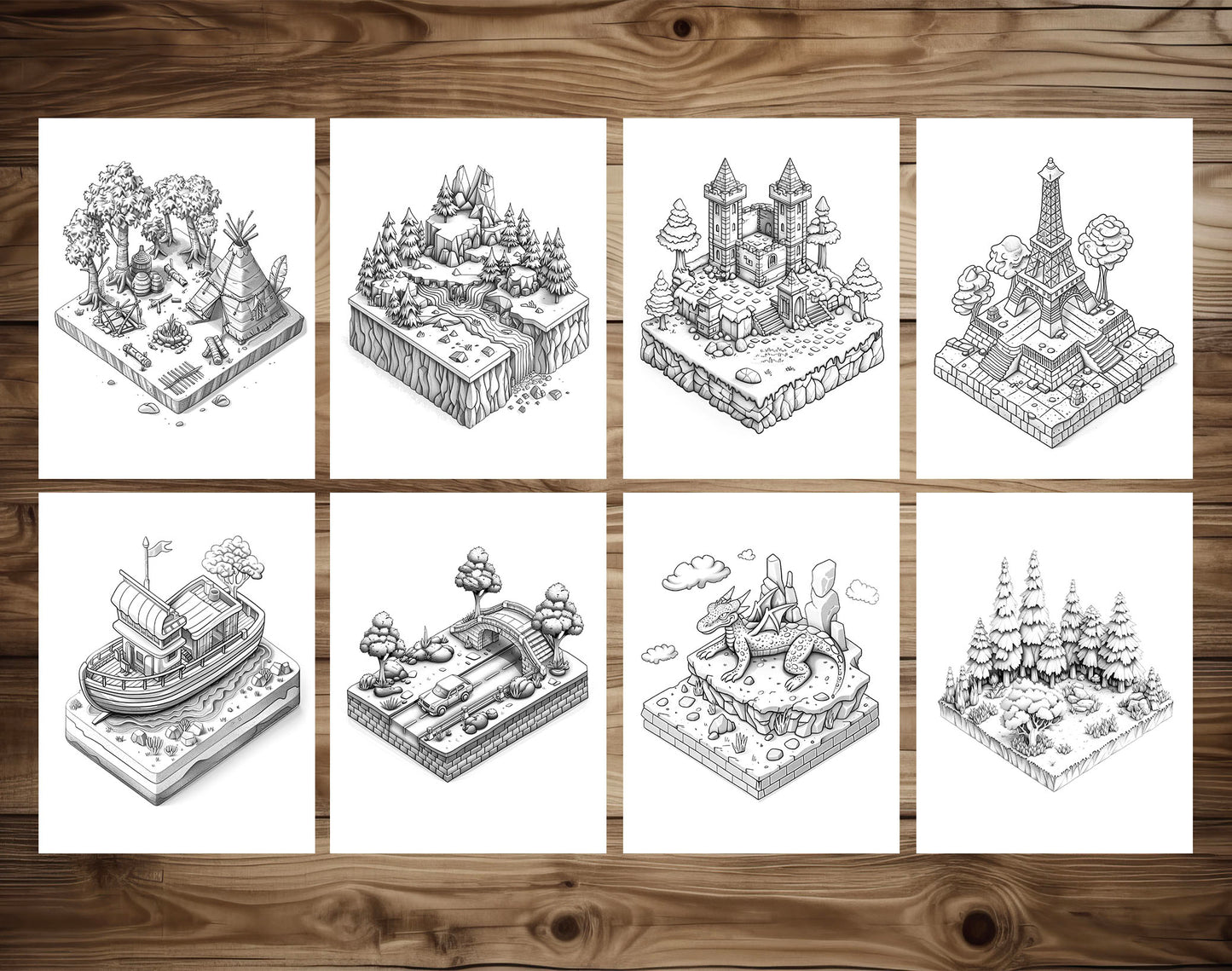 70 Diverse 3D Object Grayscale Coloring Pages - Instant Download - Printable PDF Dark/Light