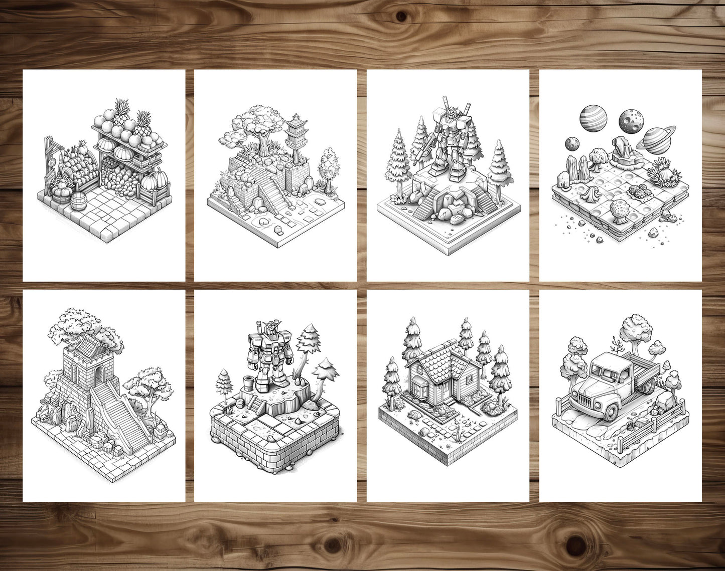 70 Diverse 3D Object Grayscale Coloring Pages - Instant Download - Printable PDF Dark/Light