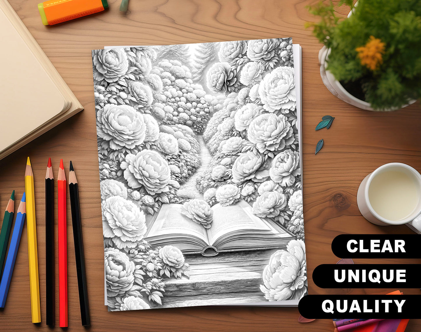 70 Open Magic Book - World of Flowers Grayscale Coloring Pages - Instant Download - Printable PDF Dark/Light
