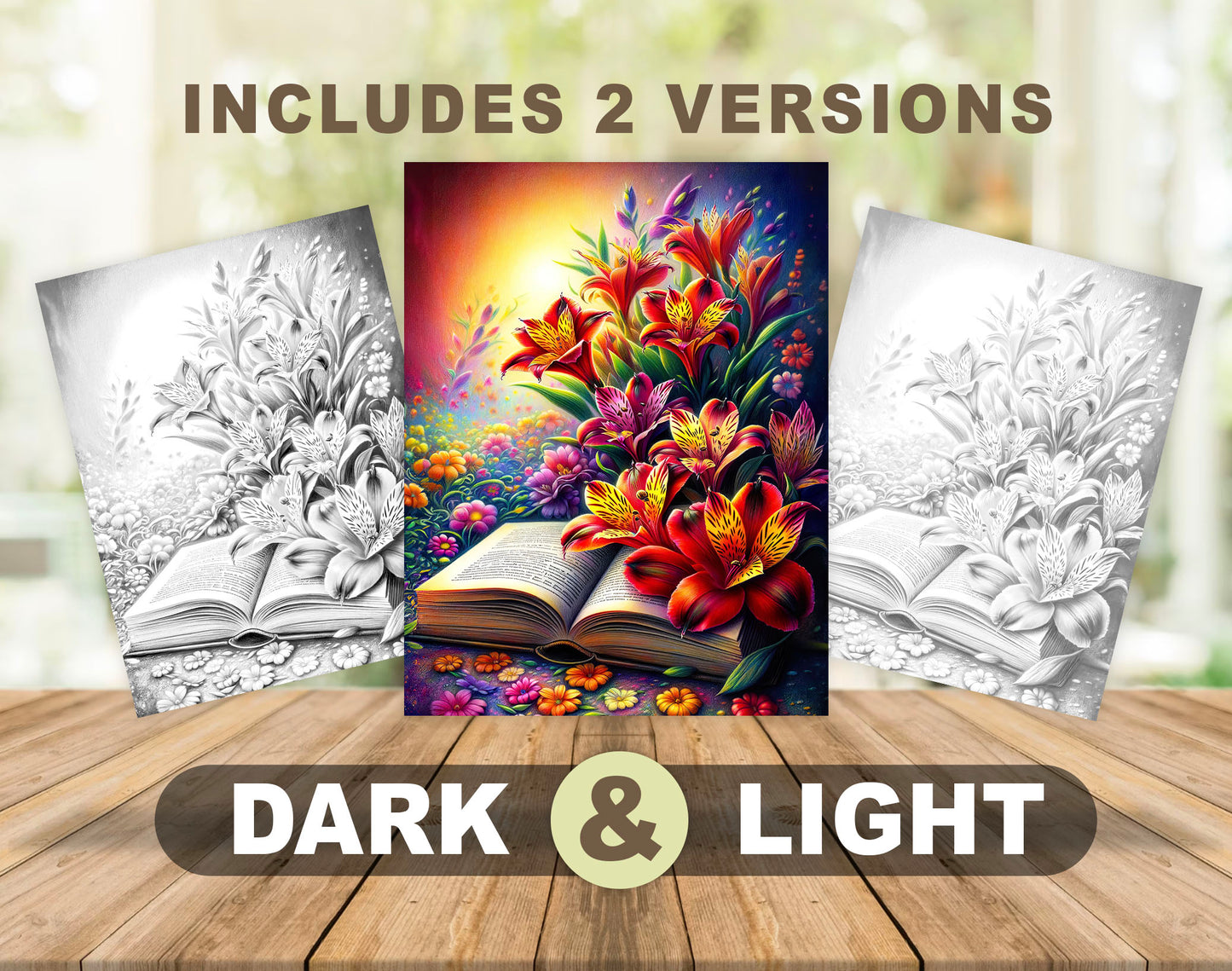 70 Open Magic Book - World of Flowers Grayscale Coloring Pages - Instant Download - Printable PDF Dark/Light
