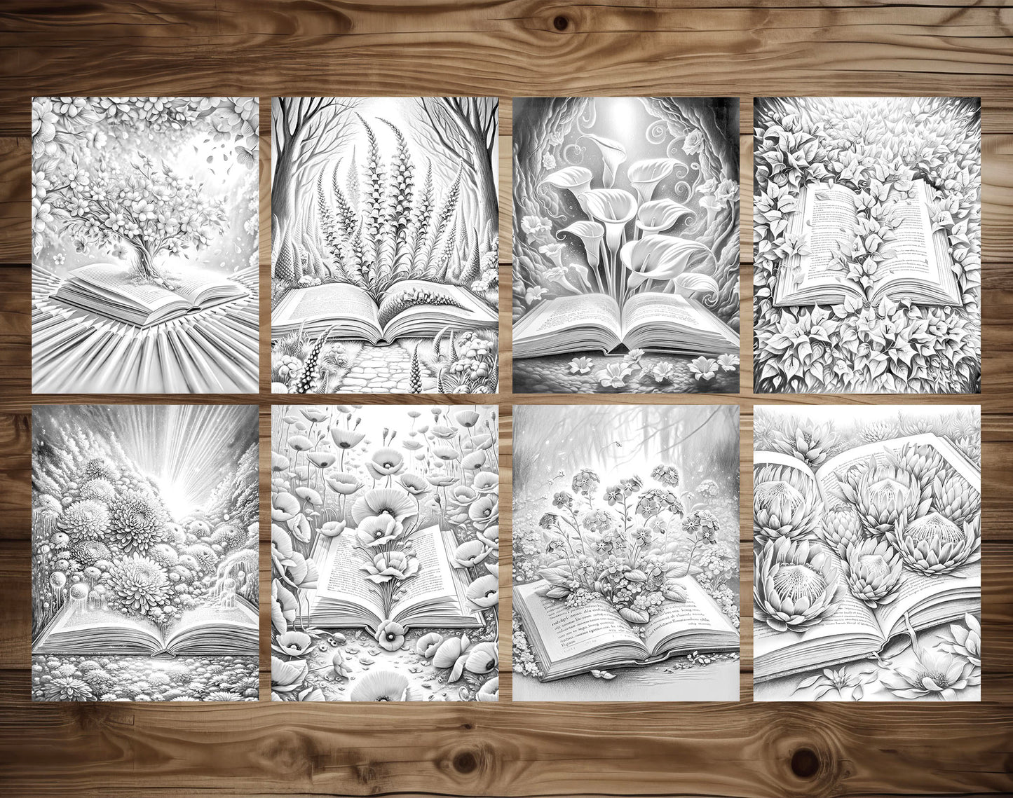 70 Open Magic Book - World of Flowers Grayscale Coloring Pages - Instant Download - Printable PDF Dark/Light