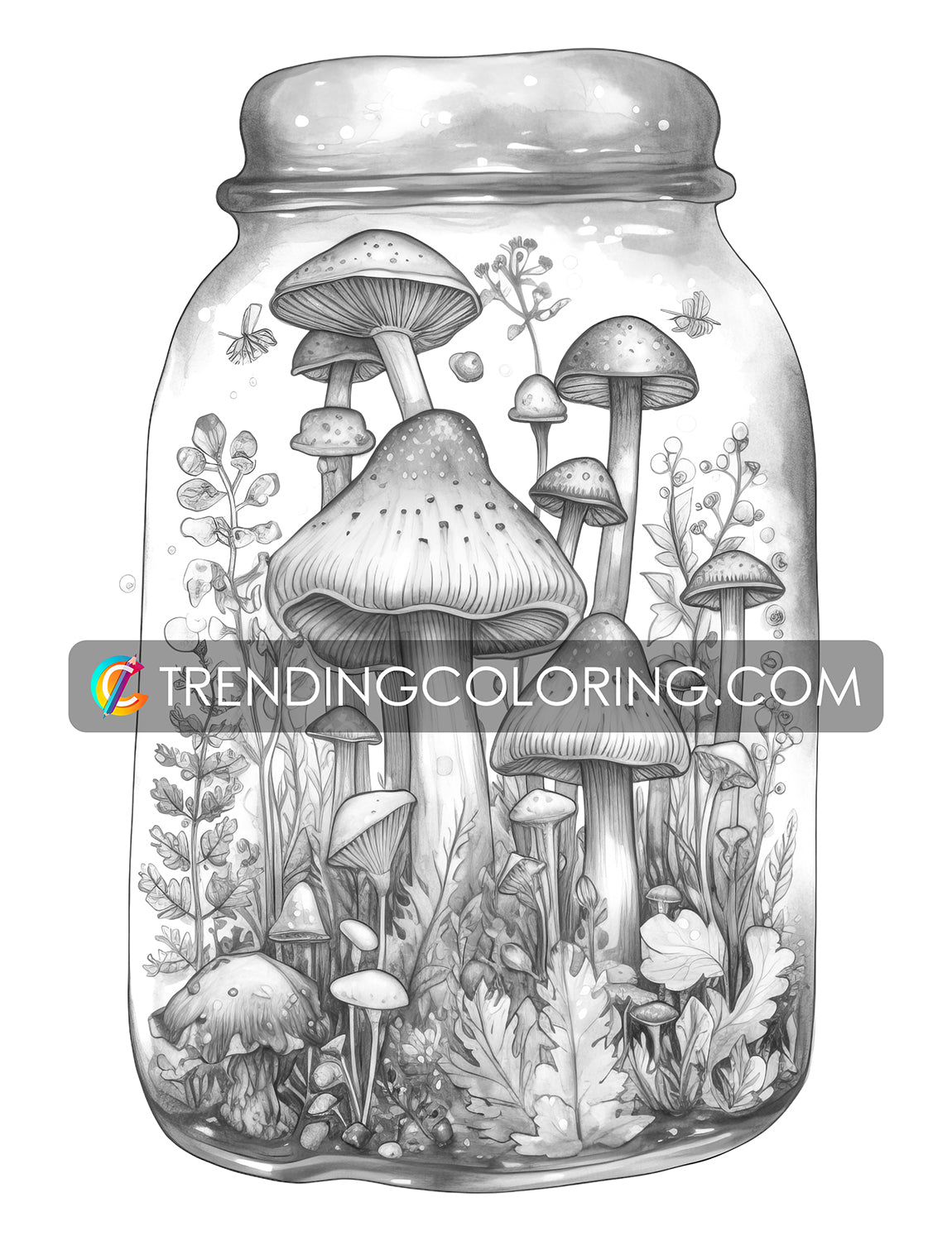 25 Mushroom Forest In Jar Grayscale Coloring Pages - Instant Download - Printable Dark/Light