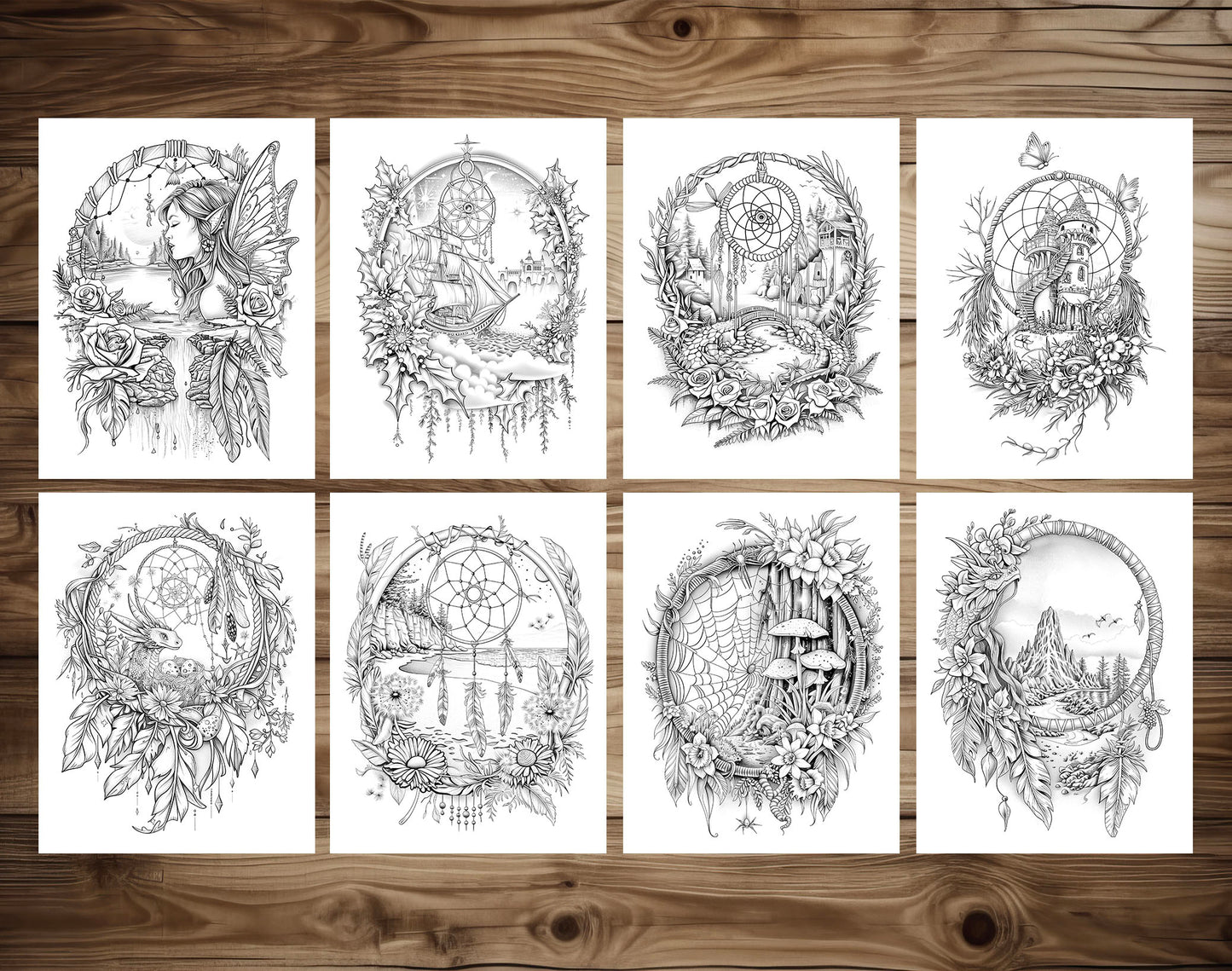 80 Magical Dreamcatchers Grayscale Coloring Pages - Instant Download - Printable PDF Dark/Light – preview 7