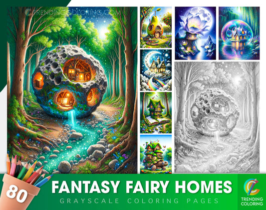 80 Fantasy Fairy Homes Grayscale Coloring Pages - Instant Download - Printable PDF Dark/Light