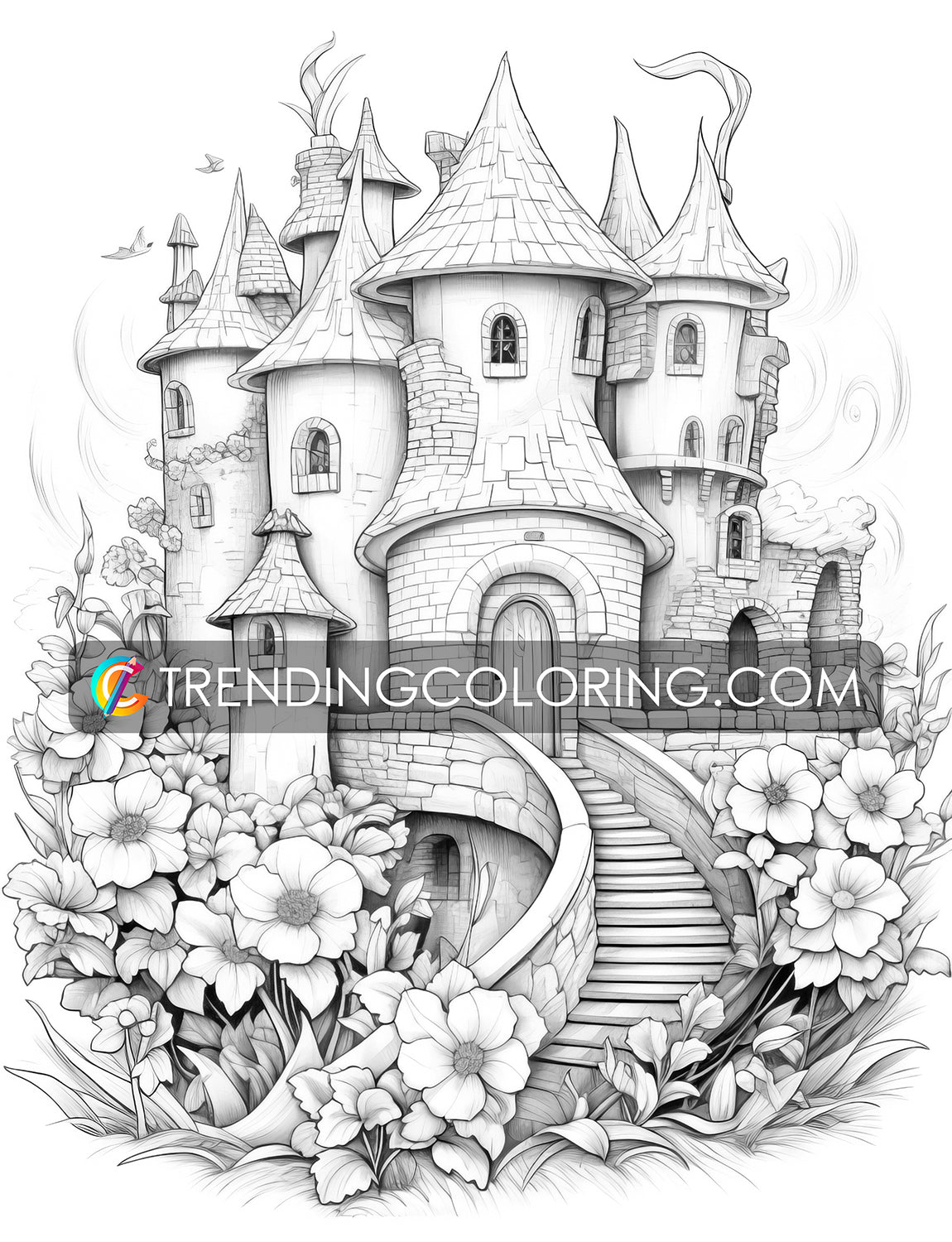25 Blooming Castles Grayscale Coloring Pages - Instant Download - Printable PDF