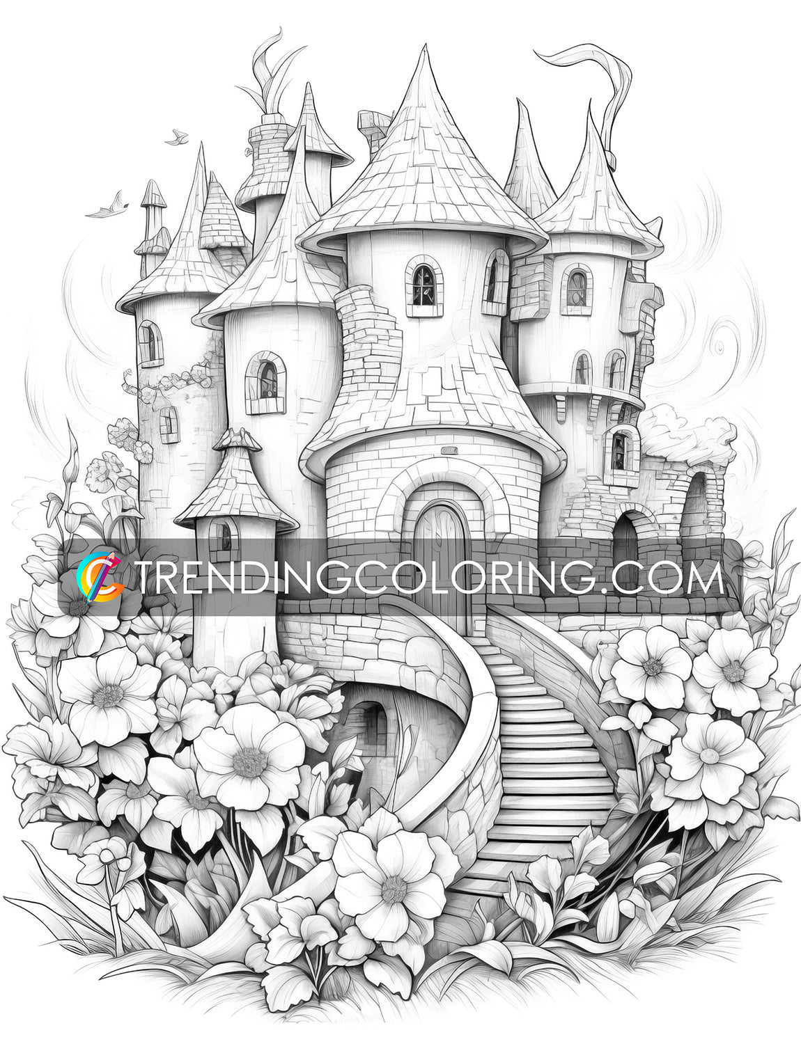 25 Blooming Castles Grayscale Coloring Pages - Instant Download - Printable