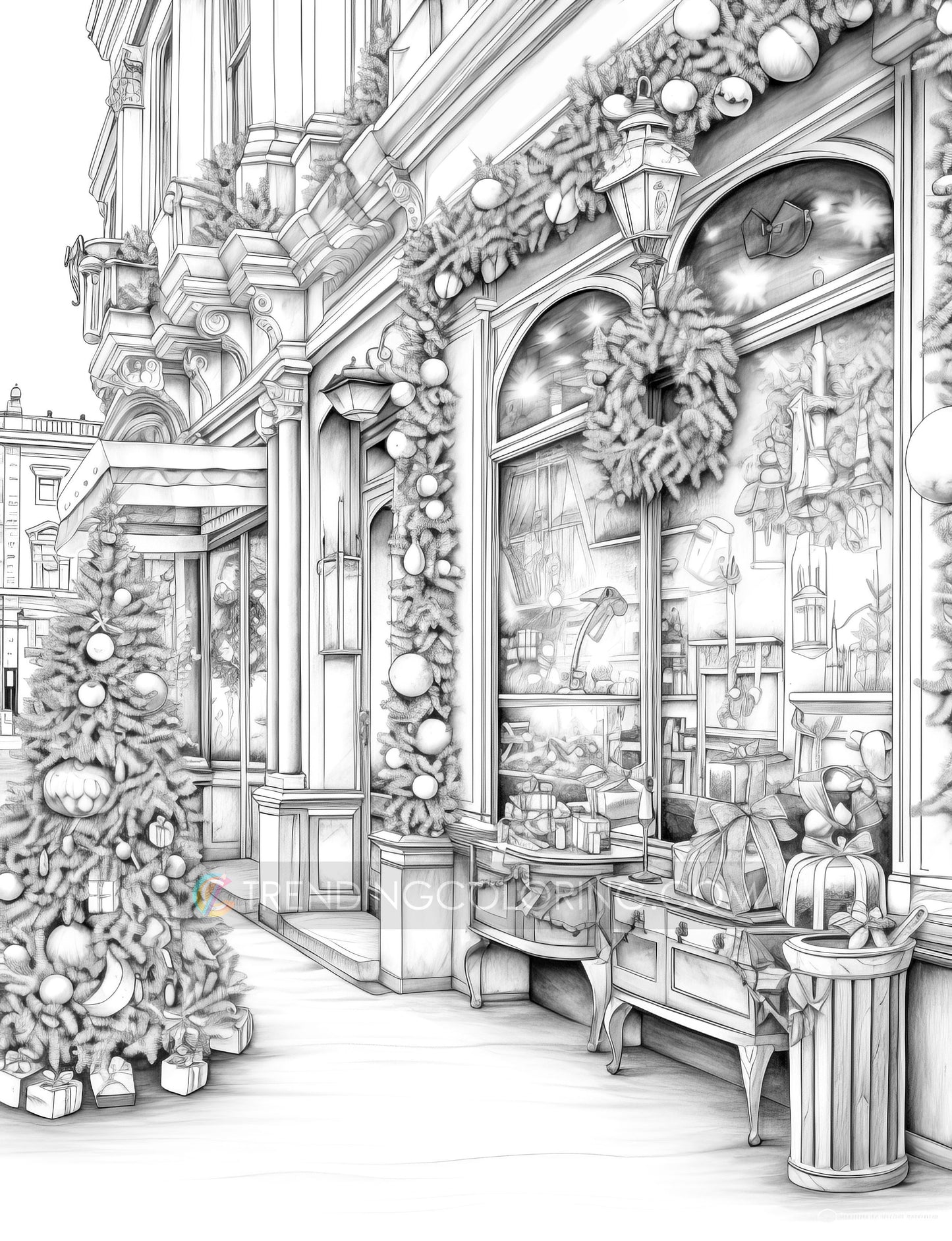 50 Christmas Storefront Grayscale Coloring Pages - Instant Download - Printable PDF Dark/Light