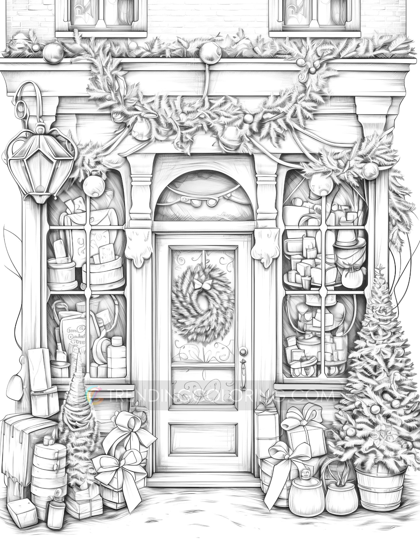50 Christmas Storefront Grayscale Coloring Pages - Instant Download - Printable PDF Dark/Light