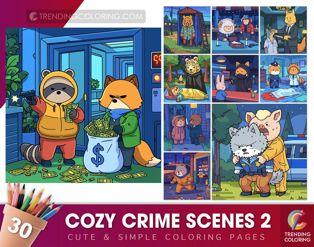 30 Cozy Crime Scenes 2 Cute and Simple Coloring Pages - PDF Download