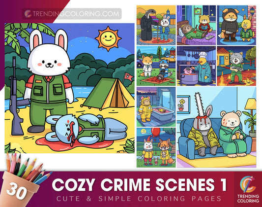 30 Cozy Crime Scenes 1 Cute and Simple Coloring Pages - PDF Download