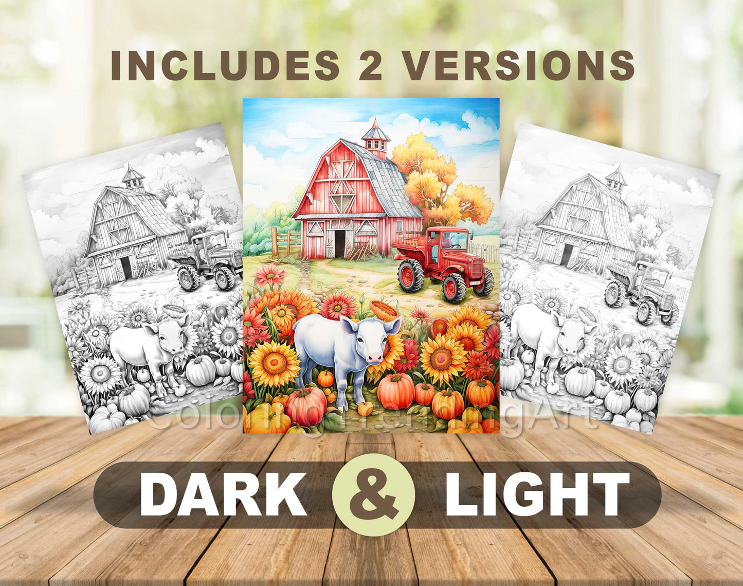 50 Autumn Farmland Grayscale Coloring Pages - Instant Download - Printable PDF Dark/Light