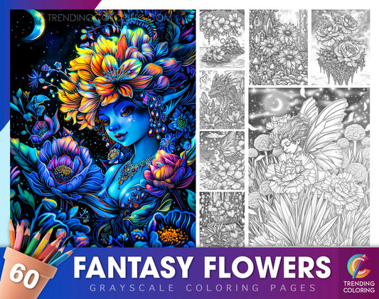 60 Fantasy Flowers Grayscale Coloring Pages - Instant Download - Printable PDF Dark/Light
