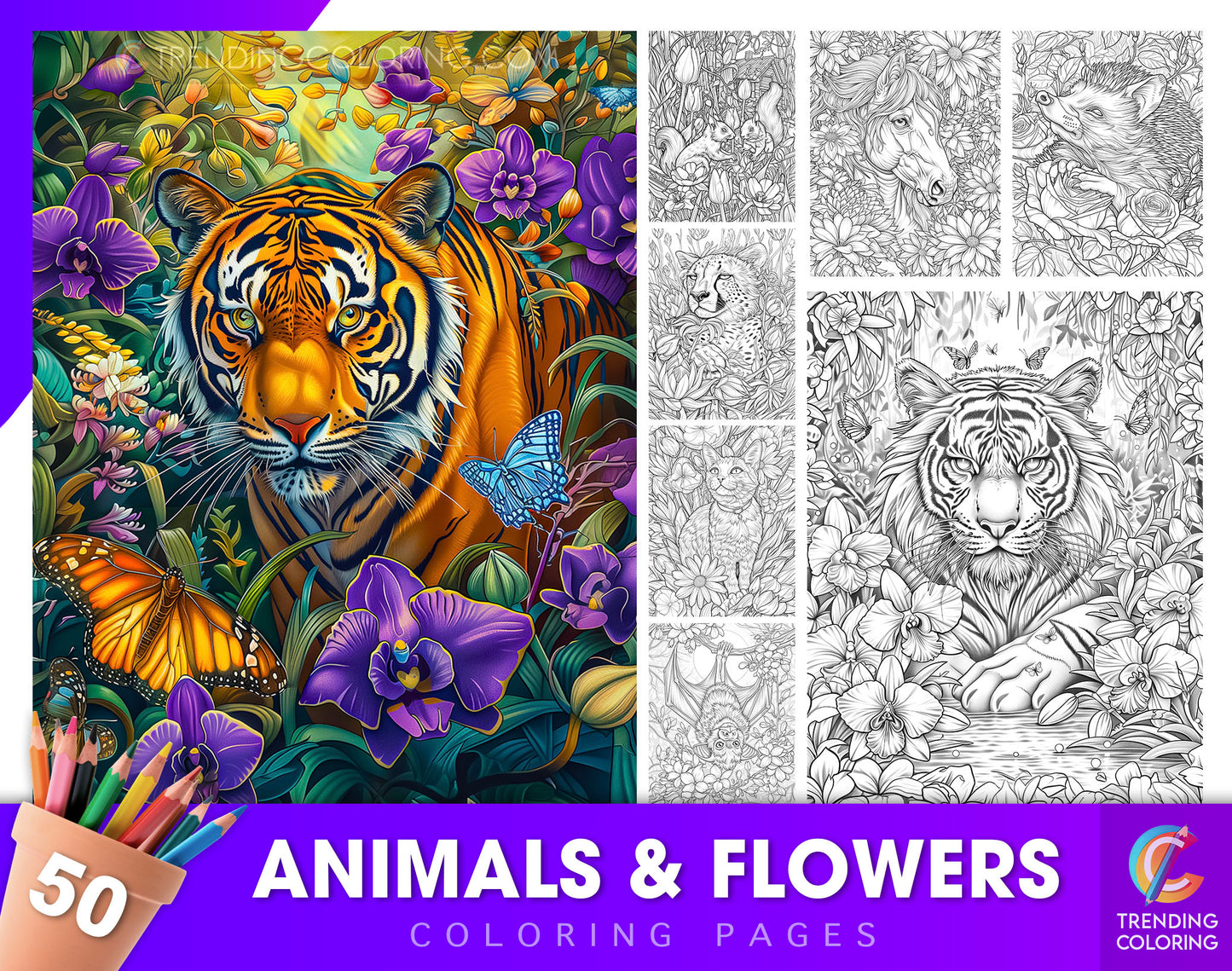 50 Animals & Flowers Coloring Pages  - Instant Download - Printable PDF