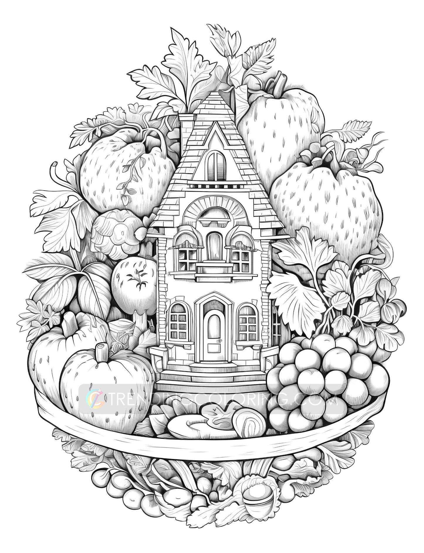 50 Fantasy Fruit House Coloring Pages - Instant Download - Printable PDF