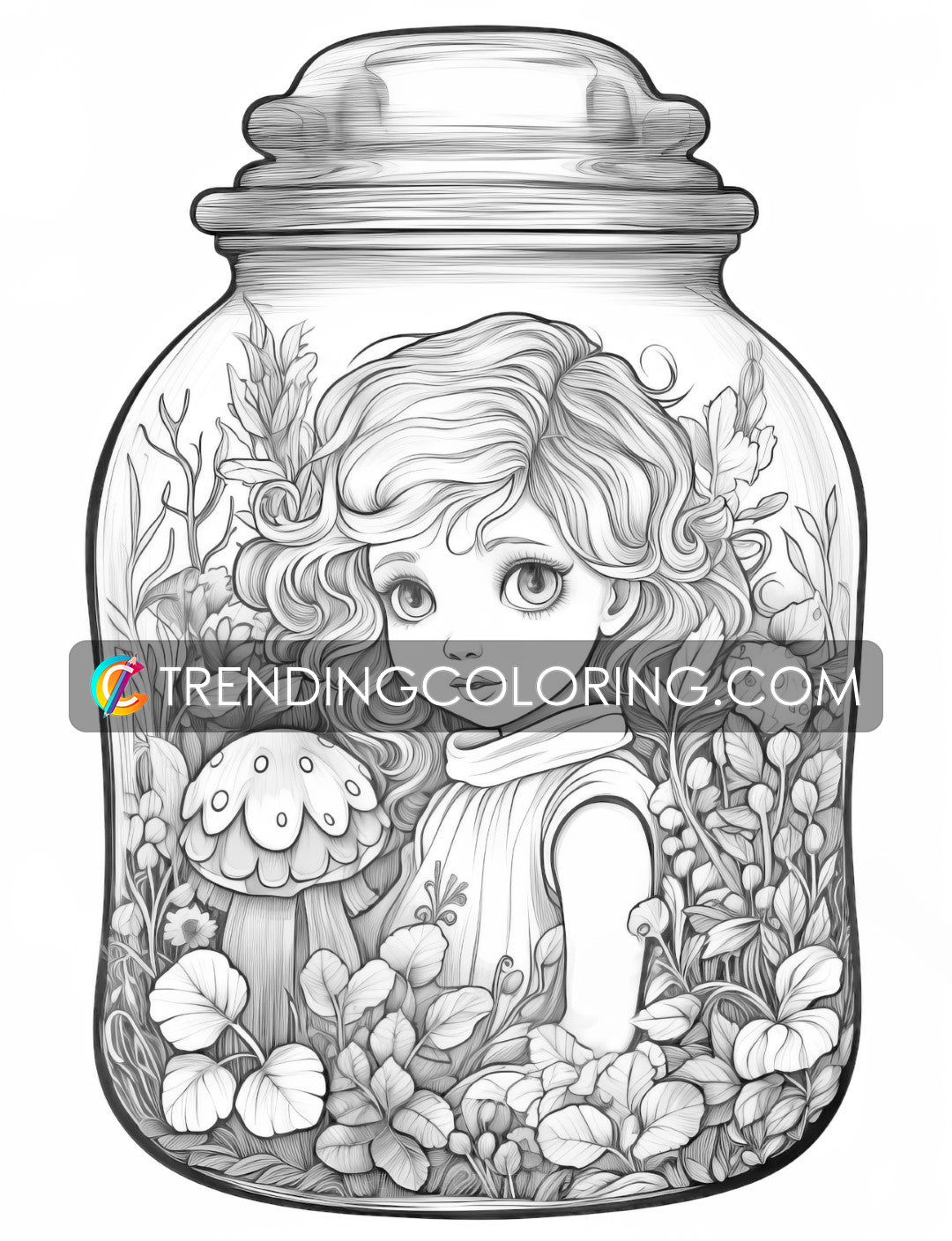 Free In Jar Coloring Pages - Fairy House, Animal, Girl, Waterfall, Mushroom - Printable PDF