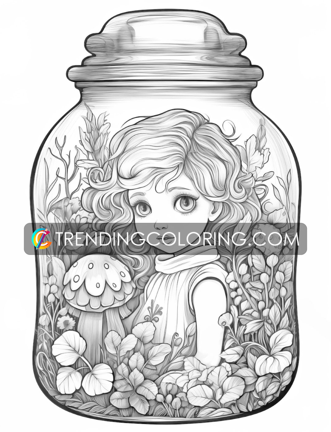 Free In Jar Coloring Pages - Fairy House, Animal, Girl, Waterfall, Mushroom