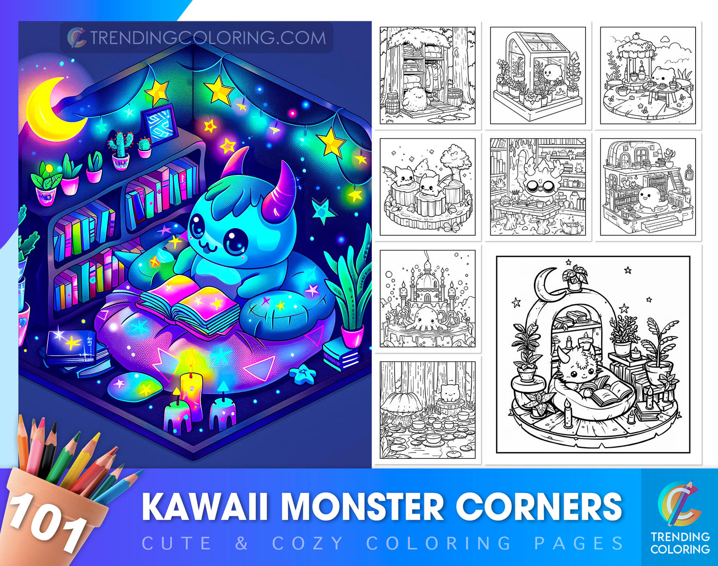 101 Kawaii Monster Corners Cute & Cozy Coloring Pages - Instant Download - Printable PDF