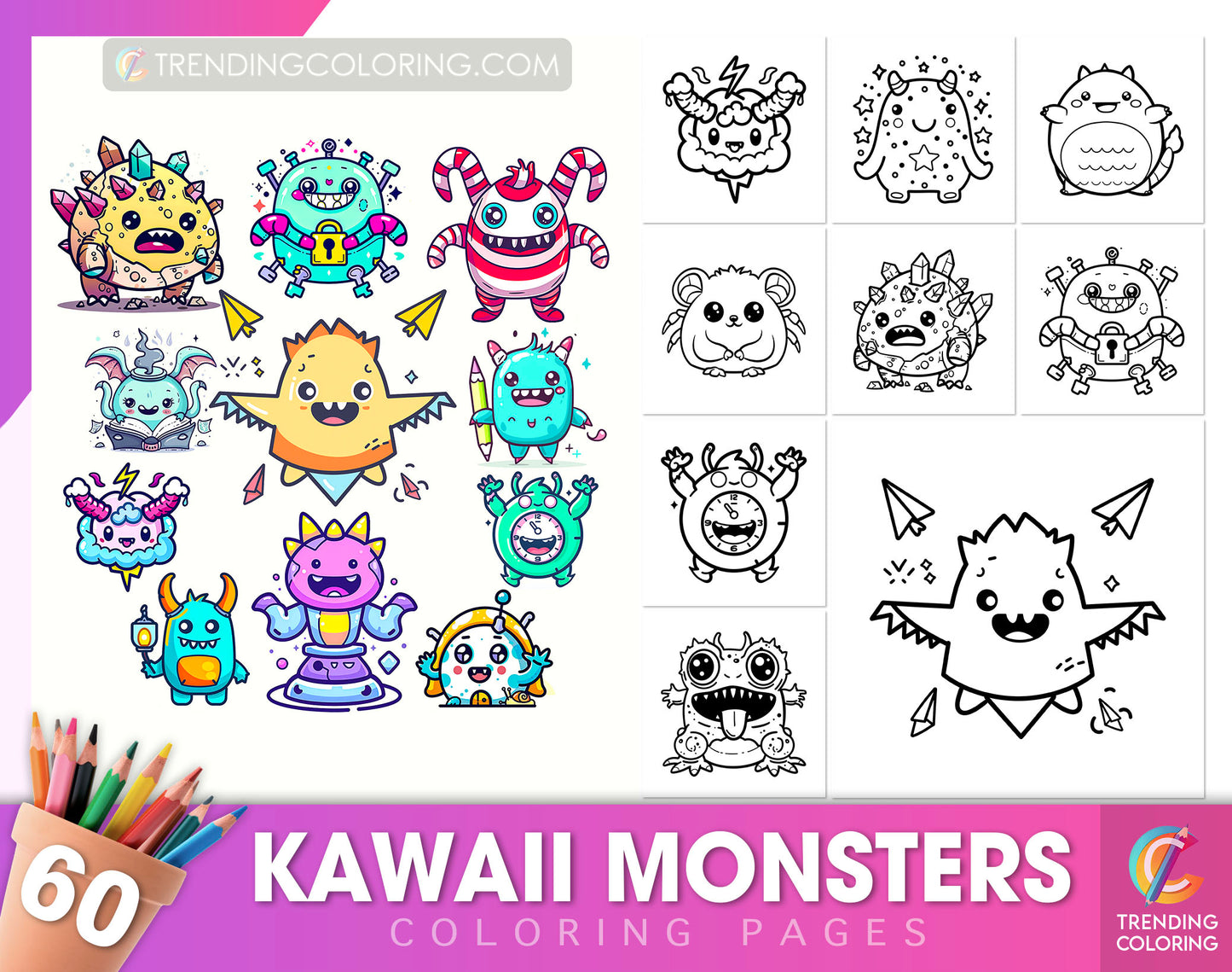 60 Kawaii Monsters Cute & Simple Coloring Pages - Instant Download - Printable PDF