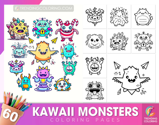 60 Kawaii Monsters Cute & Simple Coloring Pages - Instant Download - Printable PDF