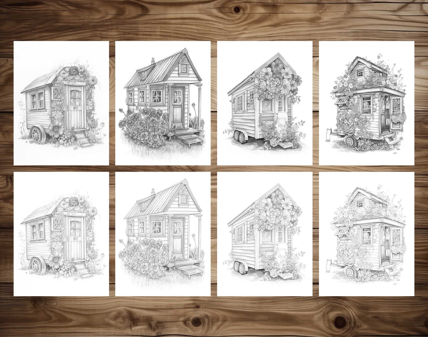 25 Adorable Mini Houses Grayscale Coloring Pages - Instant Download - Printable PDF