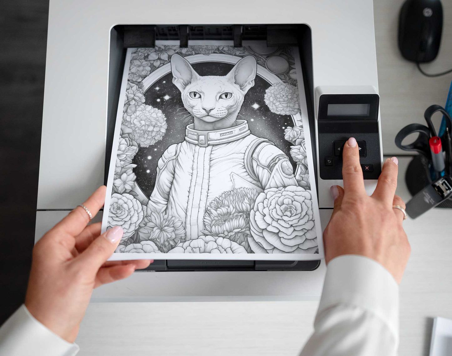 50 Cat In Space Grayscale Coloring Pages - Instant Download - Printable PDF Dark/Light