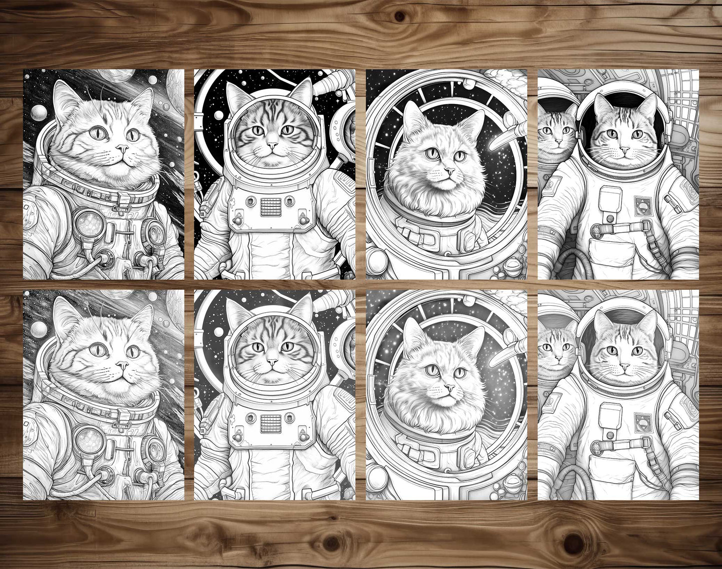 50 Cat In Space Grayscale Coloring Pages - Instant Download - Printable PDF Dark/Light