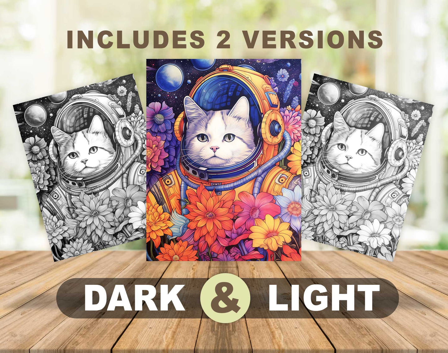 50 Cat In Space Grayscale Coloring Pages - Instant Download - Printable PDF Dark/Light