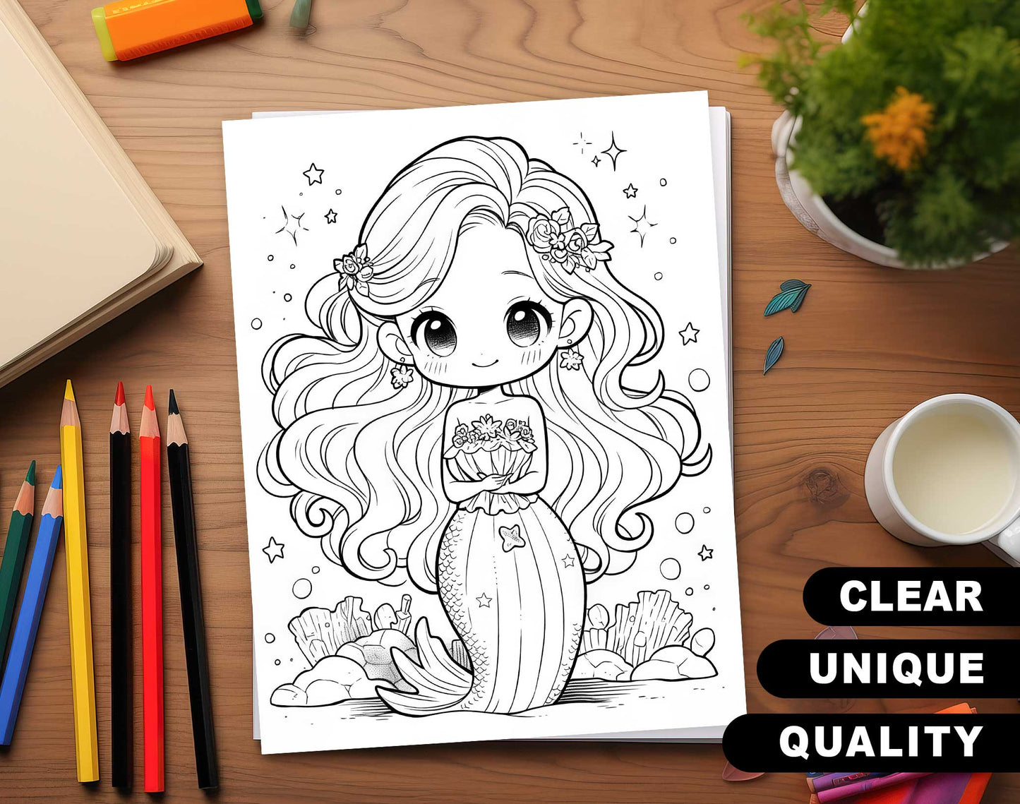 40 Kawaii Mermaid Coloring Pages - Instant Download - Printable PDF