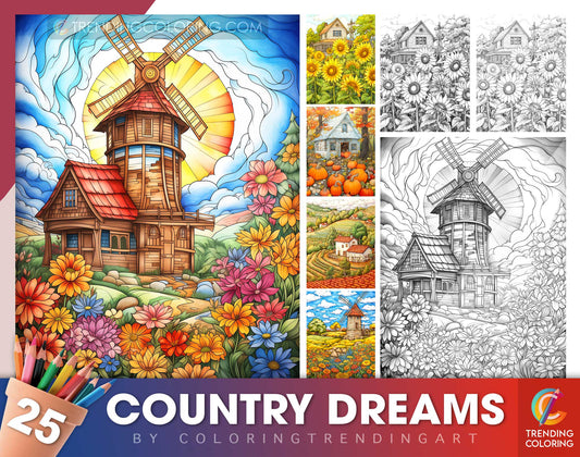 25 Country Dreams Grayscale Coloring Pages - Instant Download - Printable Dark/Light